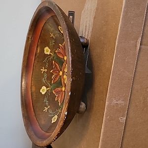 Vintage Wood Three Footed Bowl Hand Painted Floral Design Farmhouse Cottagecore